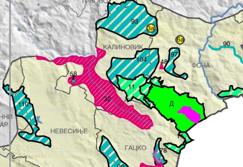 Planirani obuhvat (roza boja) zaštićenih područja gornje Neretve prema Prostornom planu Republike Srpske do 2025. godine - Pokrenuta inicijativa za zaštitu gornjeg toka rijeke Neretve 
